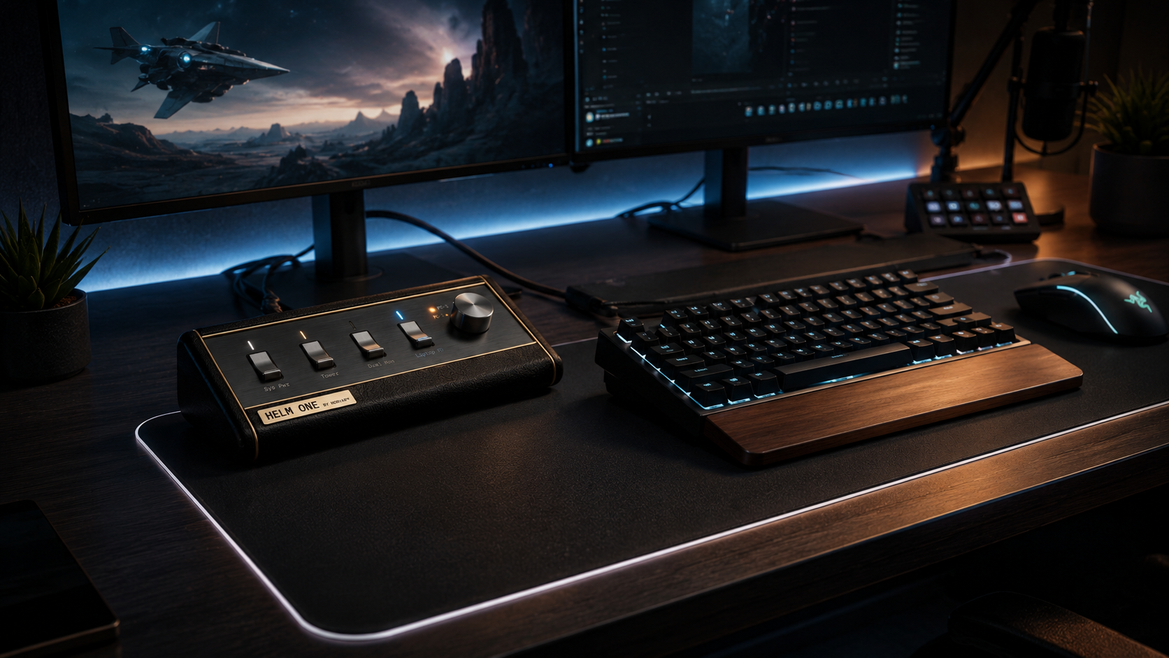 Wide gaming and creator desk setup featuring HELM ONE
